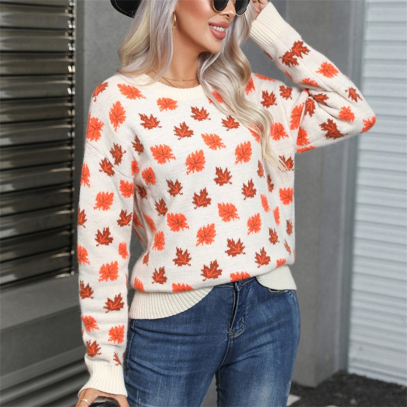 Christmas Leaves Sweater - Round Neck Winter Top