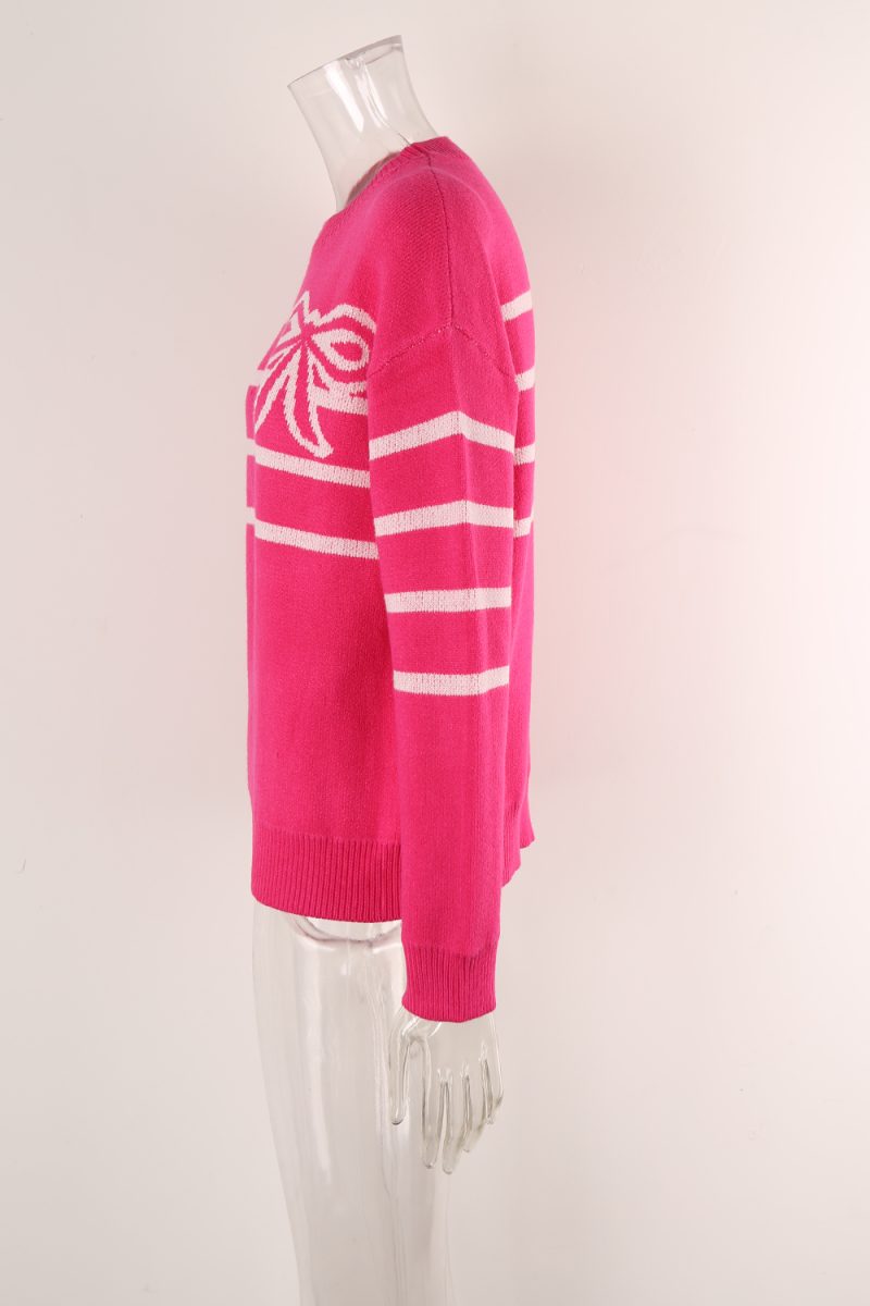 Striped Floral Sweater - Bow Round Neck Autumn Winter - Image 7