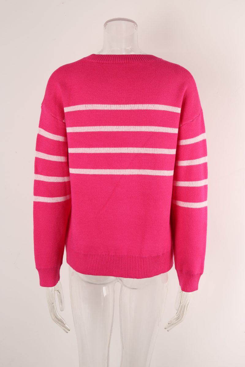 Striped Floral Sweater - Bow Round Neck Autumn Winter - Image 8