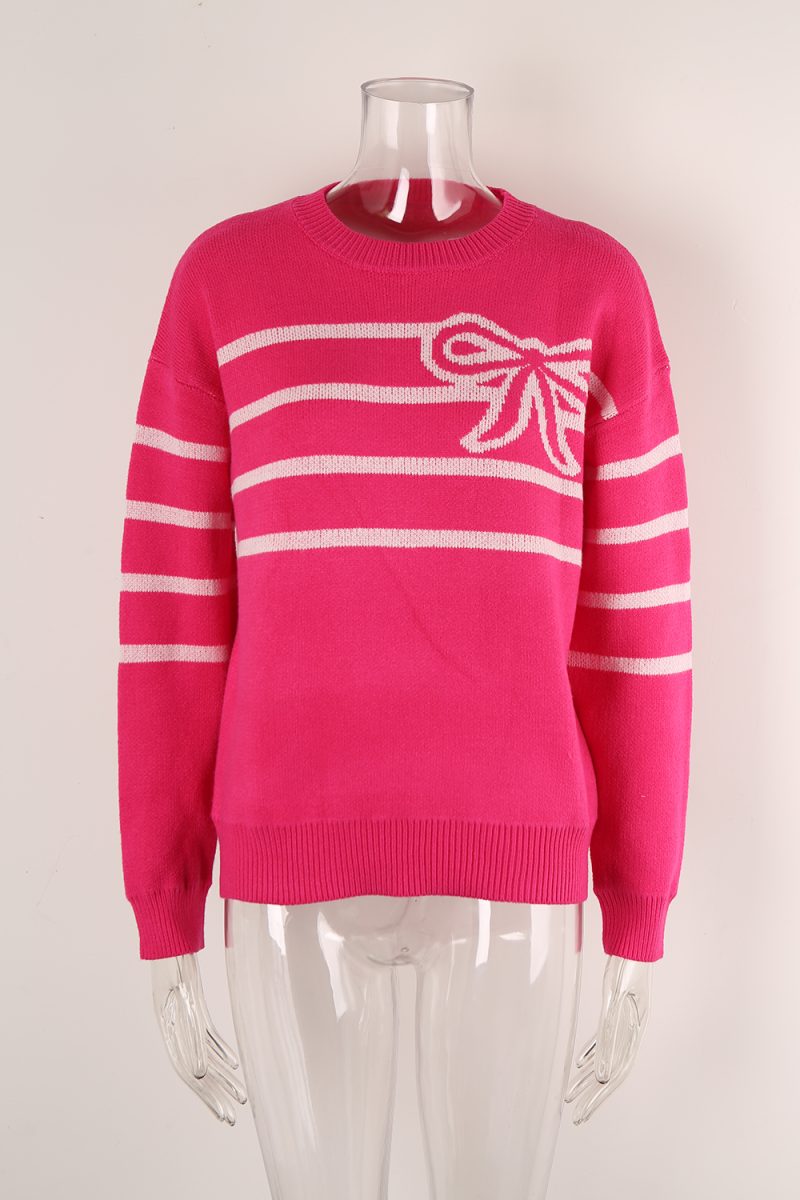 Striped Floral Sweater - Bow Round Neck Autumn Winter - Image 9