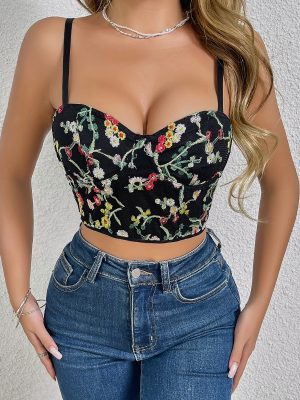 Sexy Low Cut Floral Embroidered Cropped Vest – Chest Support