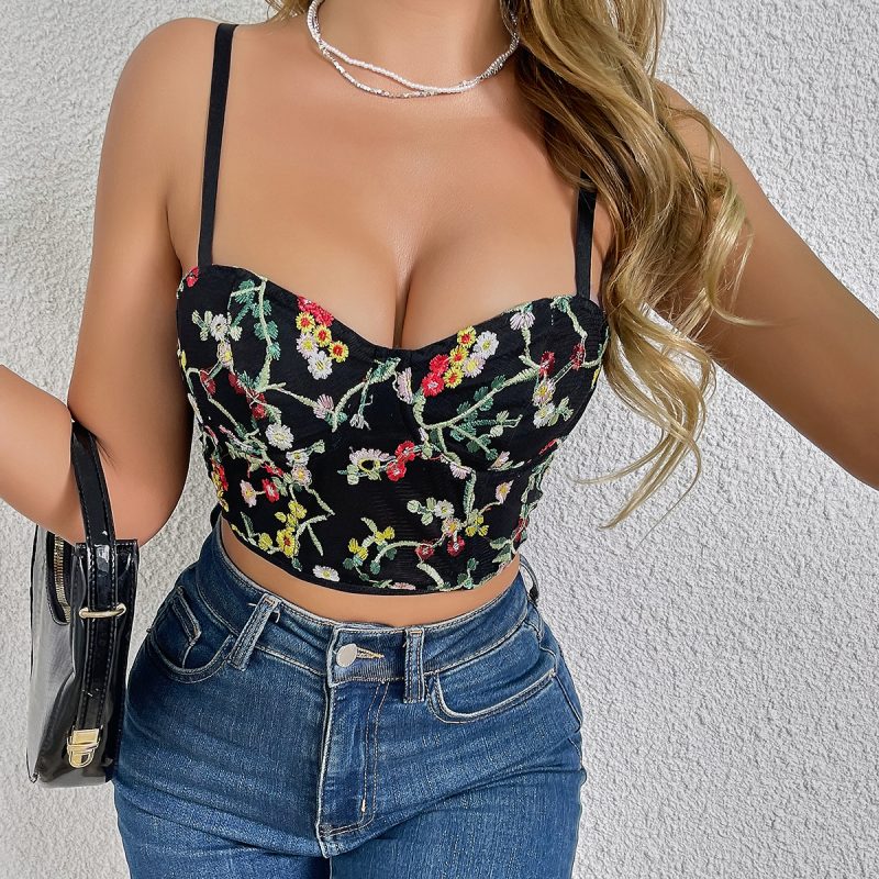 Sexy Low Cut Floral Embroidered Cropped Vest - Chest Support - Image 4