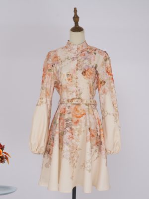 Autumn Floral Buckle Lantern Sleeve Short Dress