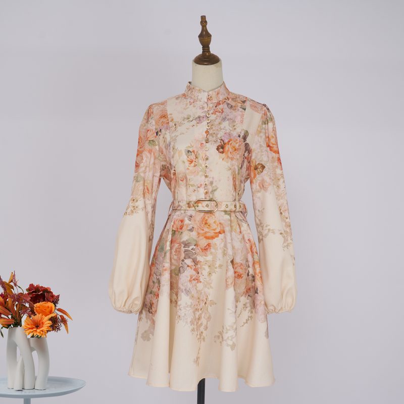 Autumn Floral Buckle Lantern Sleeve Short Dress
