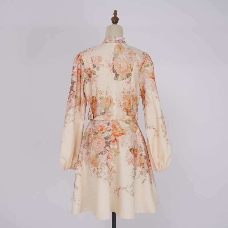 Autumn Floral Buckle Lantern Sleeve Short Dress - Image 2