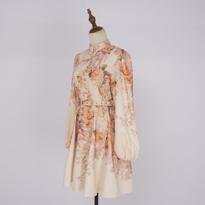 Autumn Floral Buckle Lantern Sleeve Short Dress - Image 3