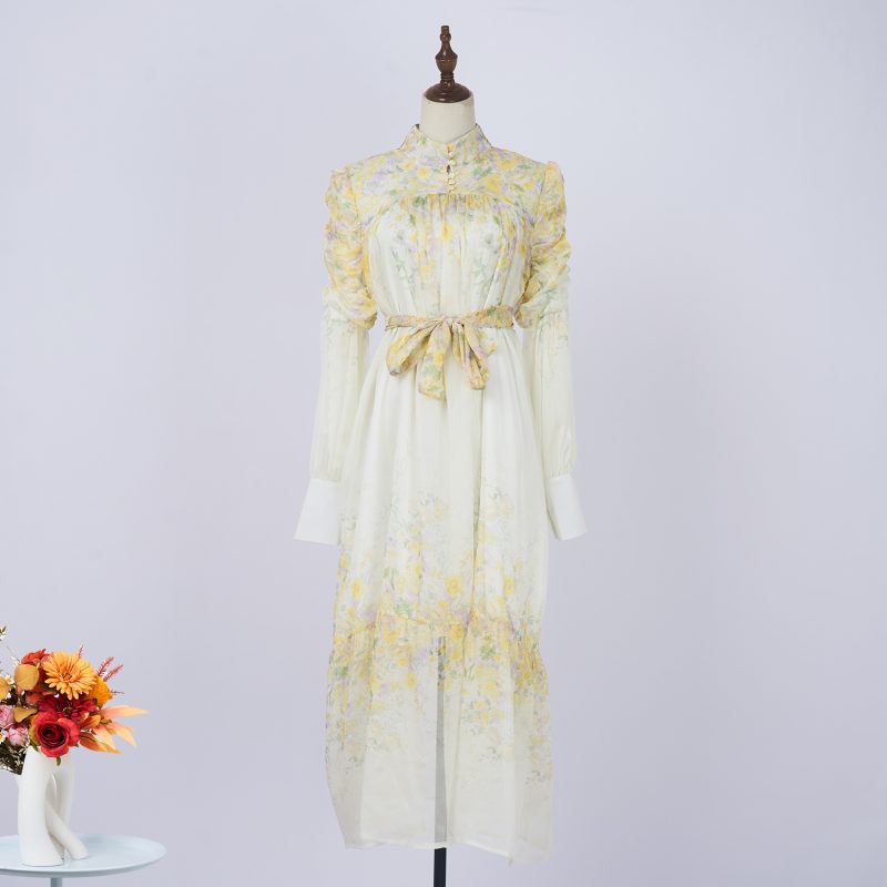 Stand Collar Tie Waist Floral Long Dress - Spring/Autumn