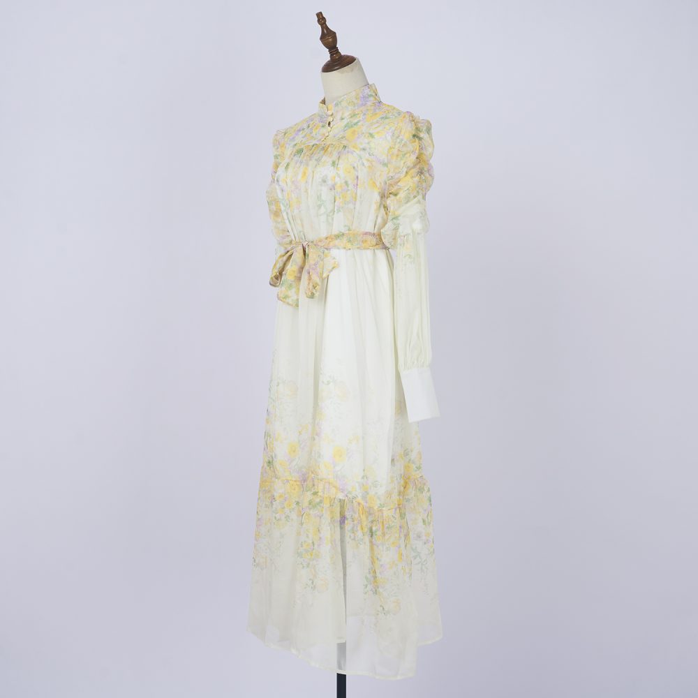 Stand Collar Tie Waist Floral Long Dress - Spring/Autumn - Image 2