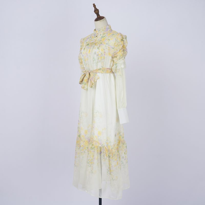 Stand Collar Tie Waist Floral Long Dress - Spring/Autumn - Image 2