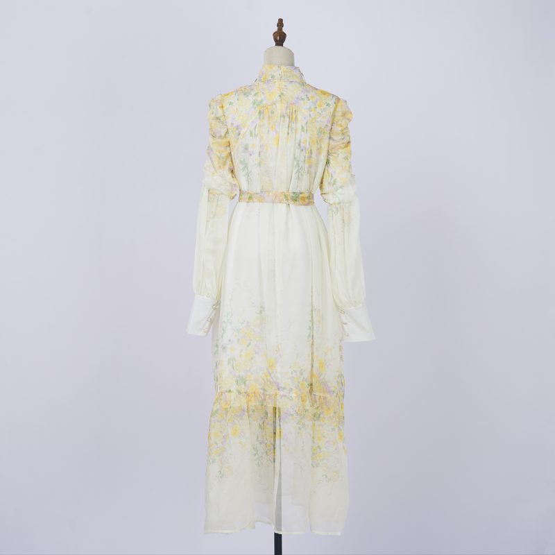 Stand Collar Tie Waist Floral Long Dress - Spring/Autumn - Image 3