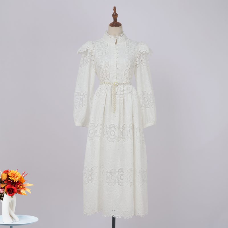 Embroidered Stand Collar Maxi Dress - Spring & Autumn - Image 2