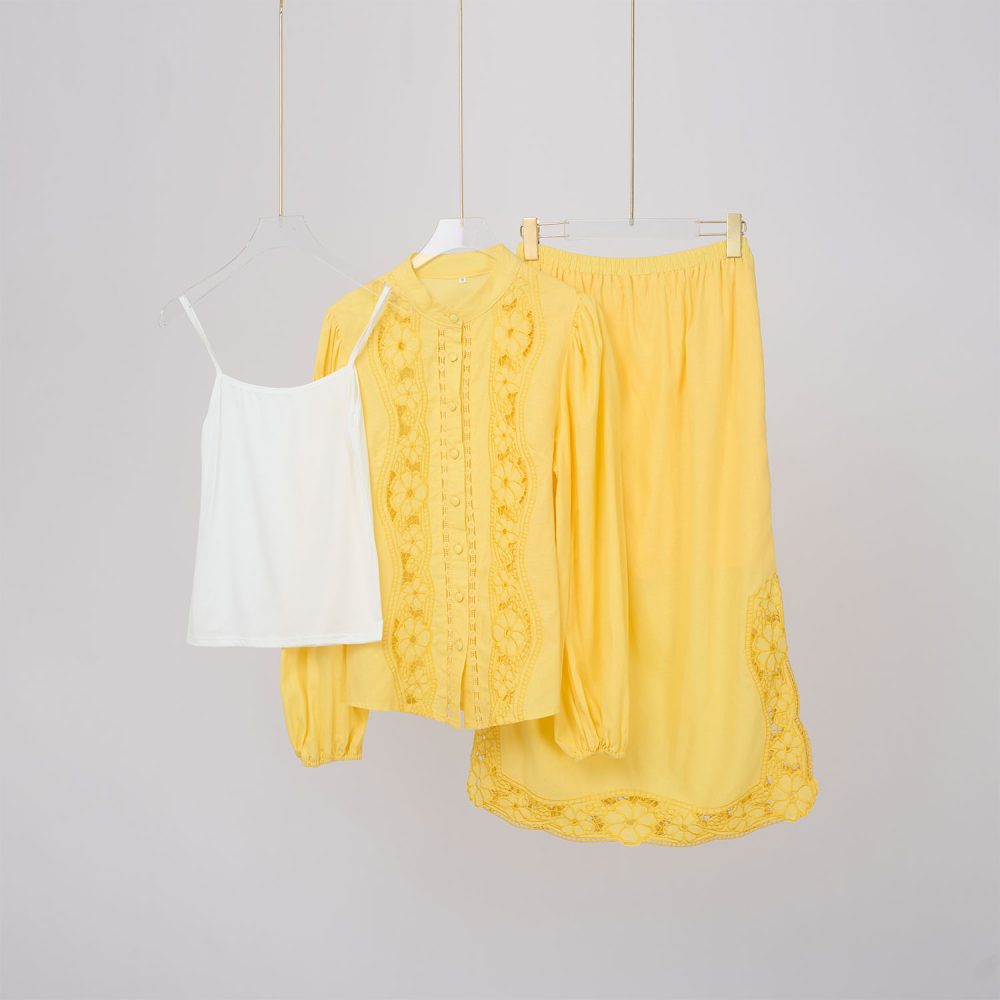 Solid Color Button Embroidery Skirt Three-Piece Set - Spring & Autumn