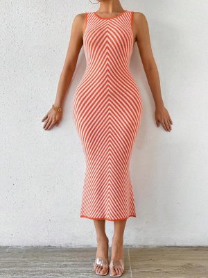 Women’s Summer Striped Slim Sleeveless Knit Mid-Length Dress