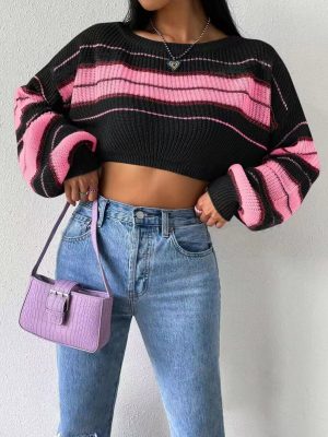 Autumn Winter Short Striped Long Sleeve Sweater for Women