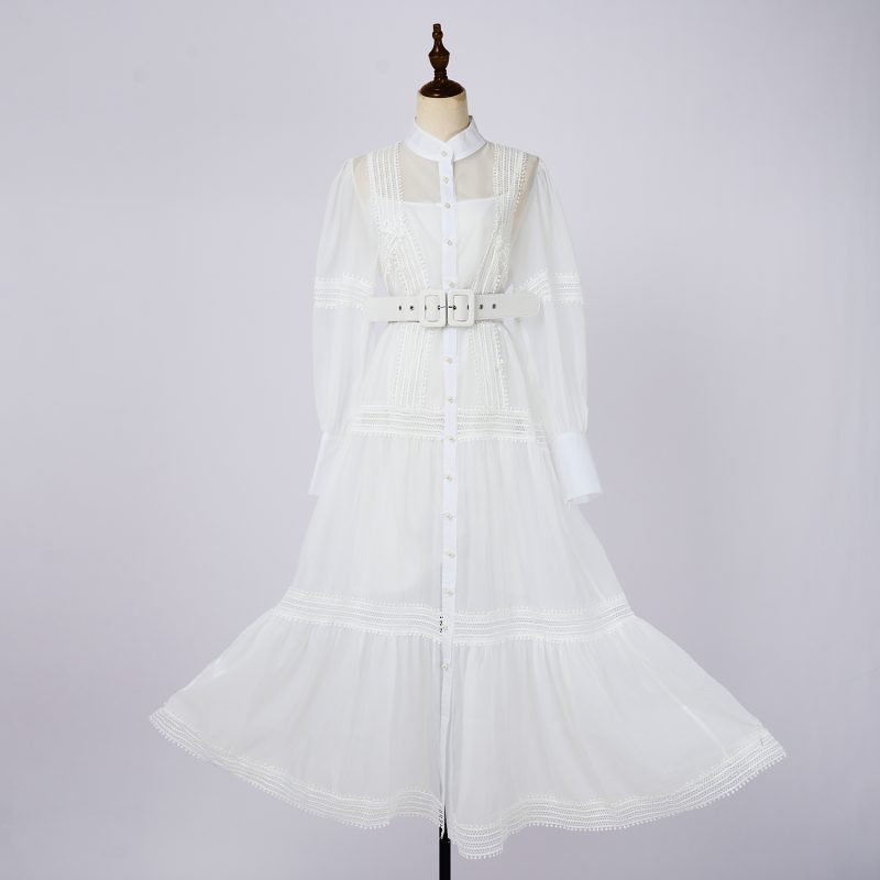Stand Collar Splicing Lace Long Sleeve Dress - Spring & Autumn - Image 3