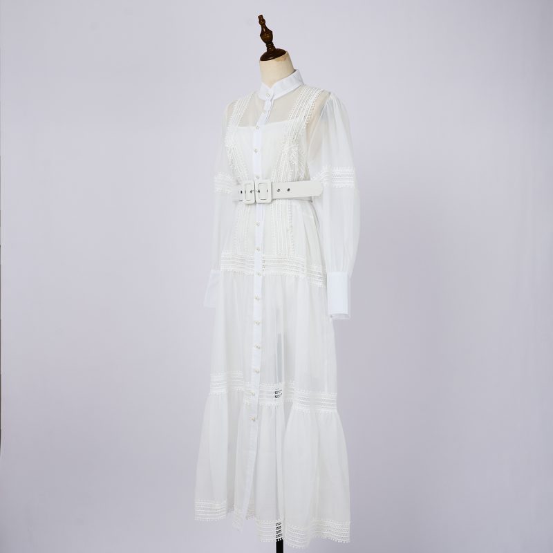 Stand Collar Splicing Lace Long Sleeve Dress - Spring & Autumn - Image 5