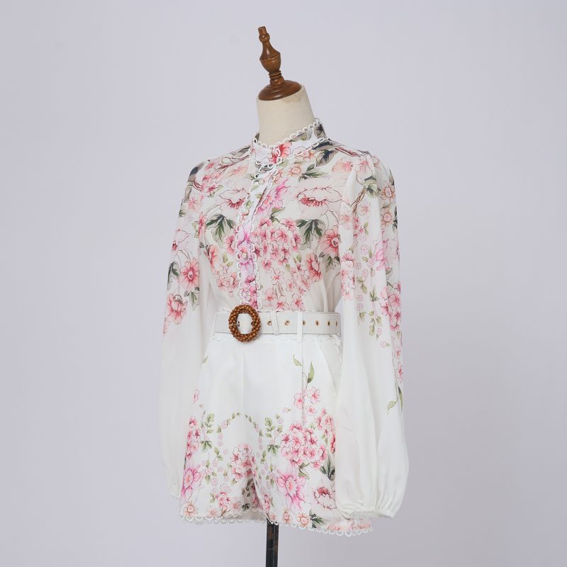Stand Collar Flower Top & High-Waisted Shorts Set - Spring & Autumn - Image 2