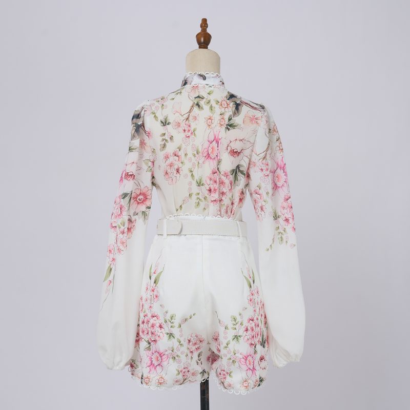 Stand Collar Flower Top & High-Waisted Shorts Set - Spring & Autumn - Image 4