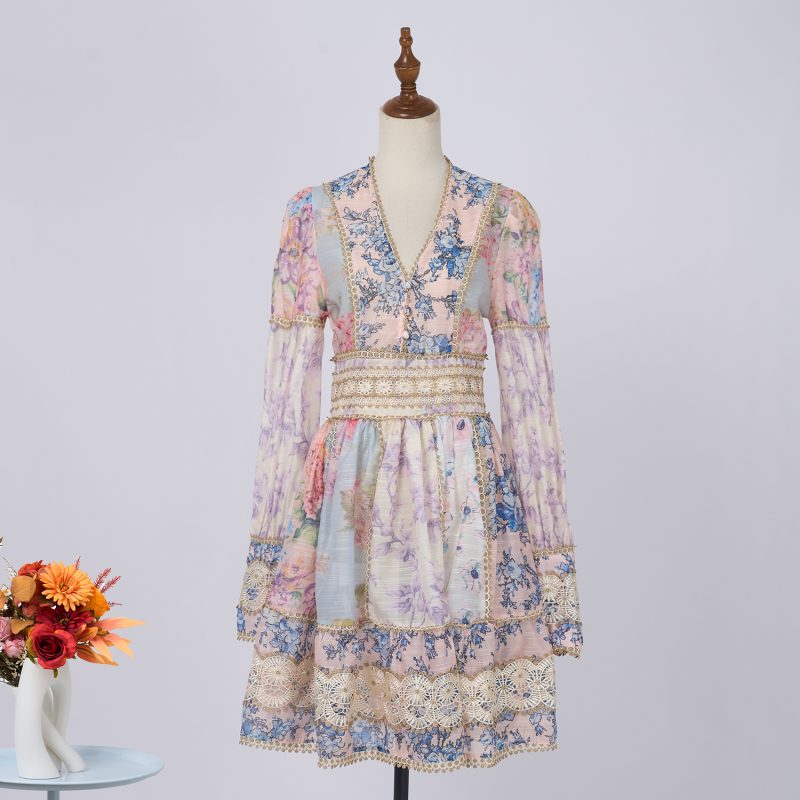 Spring Lace V-Neck Short Dress - Long Sleeve