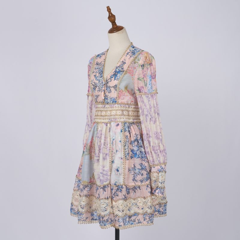 Spring Lace V-Neck Short Dress - Long Sleeve - Image 2