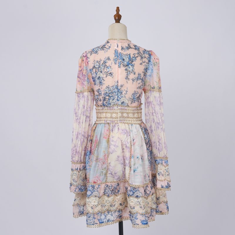 Spring Lace V-Neck Short Dress - Long Sleeve - Image 3