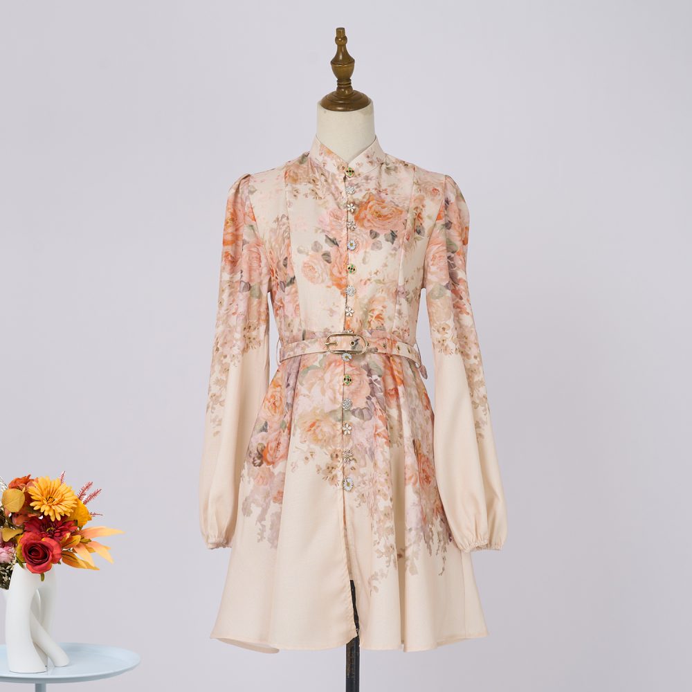 Floral Stand Collar Single-Breasted Short Dress - Long Sleeve