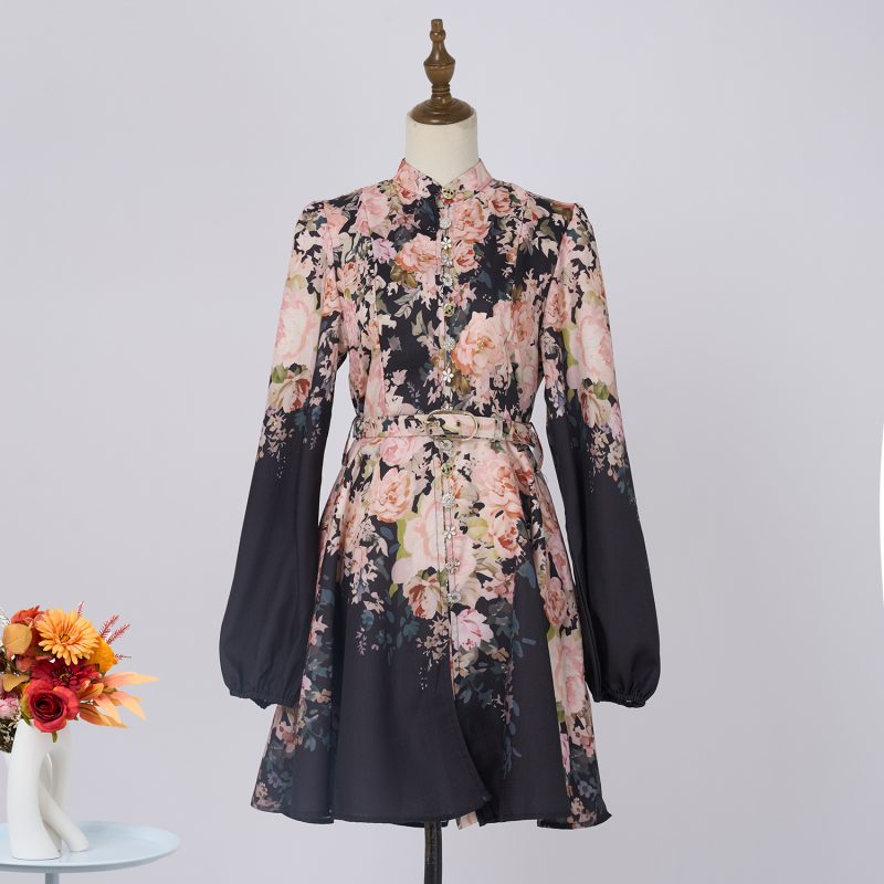 Floral Stand Collar Single-Breasted Short Dress - Long Sleeve - Image 2