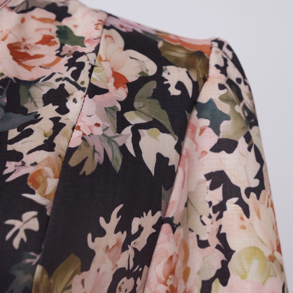 Floral Stand Collar Single-Breasted Short Dress - Long Sleeve - Image 4