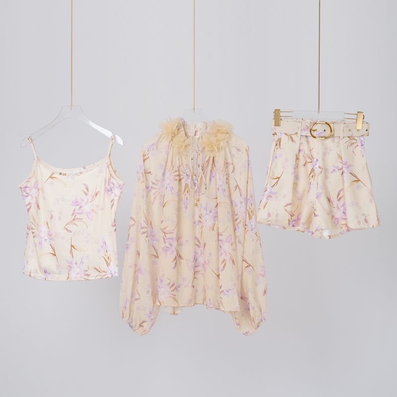 Spring Floral Three-Piece Set - Top & High-Waisted Shorts