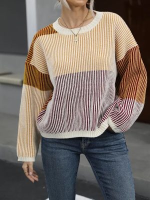 Striped Round Neck Knit Sweater – Loose Fit Autumn Winter