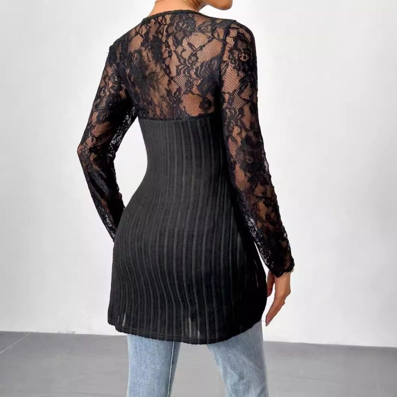 Lace Stitching Asymmetric Hem Top - Slim Fit Long Sleeve Women’s T-Shirt - Image 2