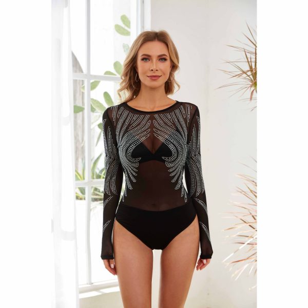 Women’s Long Sleeve Round Collar Gauze Rhinestone Jumpsuit