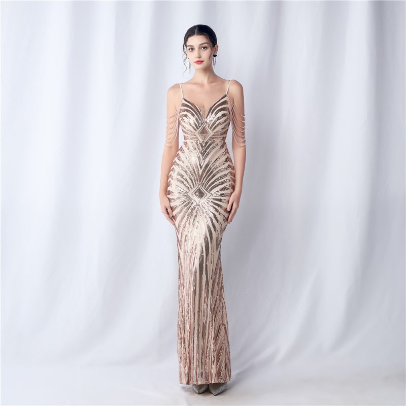 Beaded Floral Sequin Sling Dress - Wedding & Evening