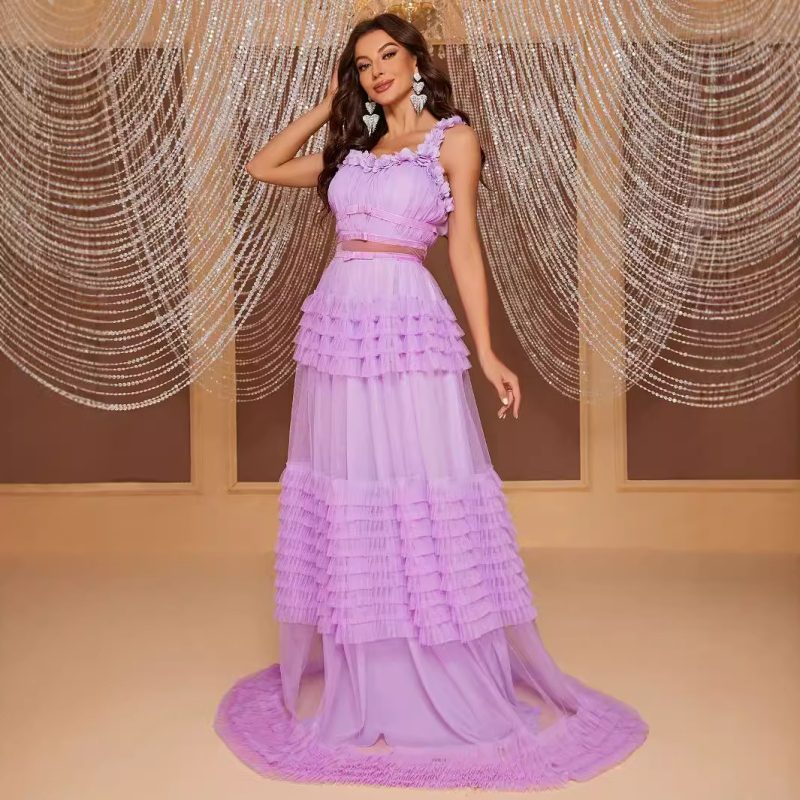 Spring Summer Lace Sling Multi-Layered Maxi Dress - Image 3