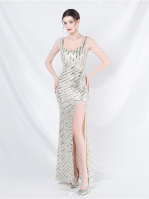 Handmade Sequin & Velvet Evening Dress – Light Luxury