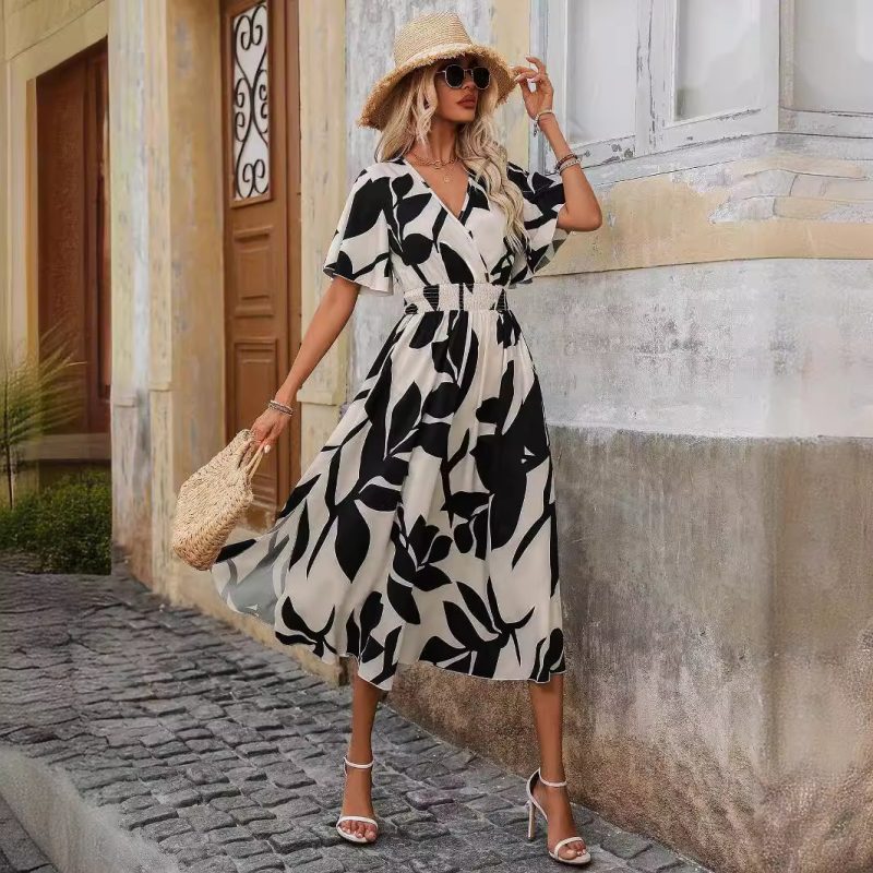 Cross Collar Belted Floral Print Dress - Elegant Summer Slit Dress - Image 3