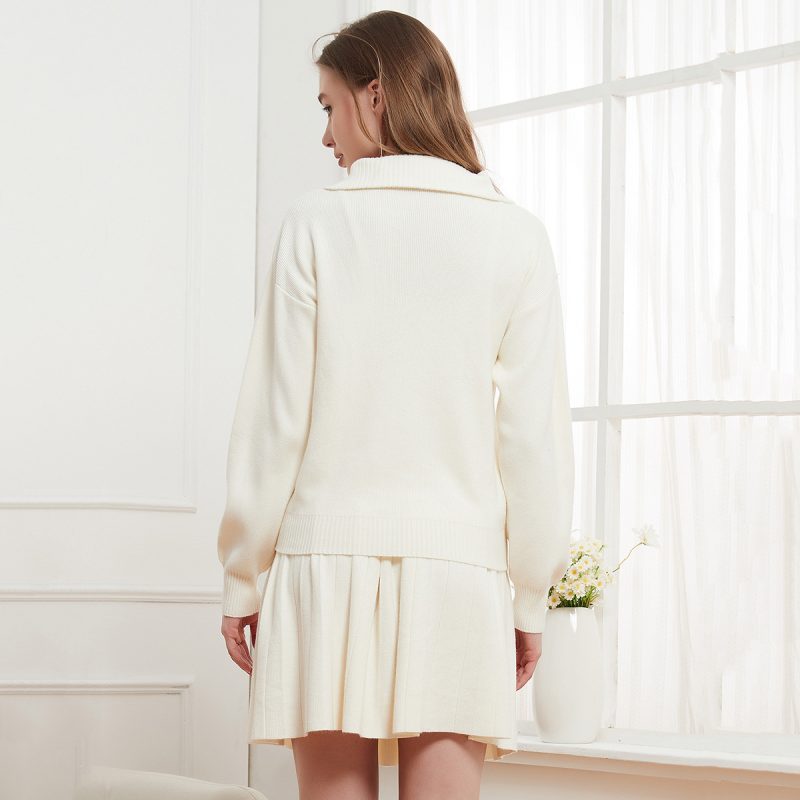 Solid Color Zipper Pullover & Pleated Skirt Set - College Style - Image 2