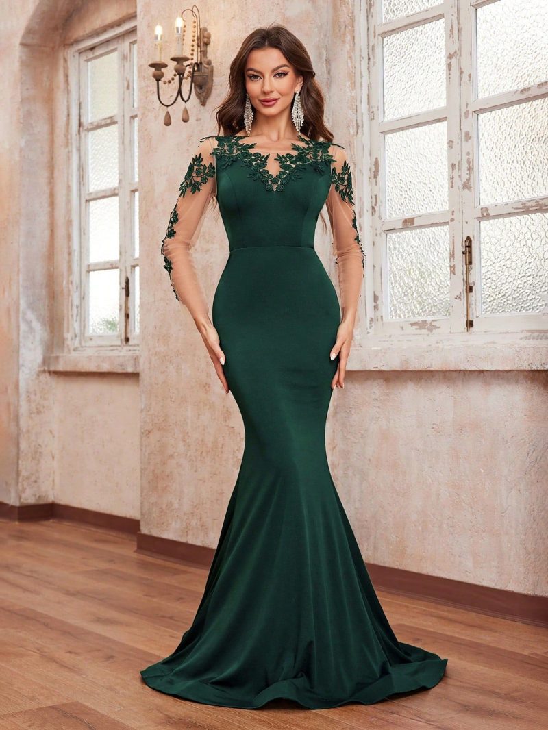 Women’s Elegant Long Sleeve Fishtail Prom Evening Dress with Three-Dimensional Lace Floral Design - Image 4