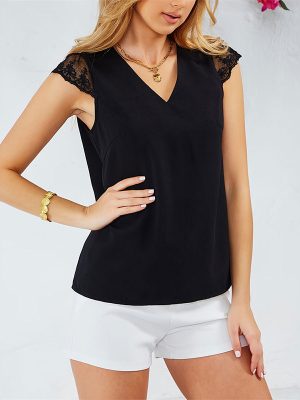 Bow Bandage Lace See-Through Sleeveless V-Neck Top for Women