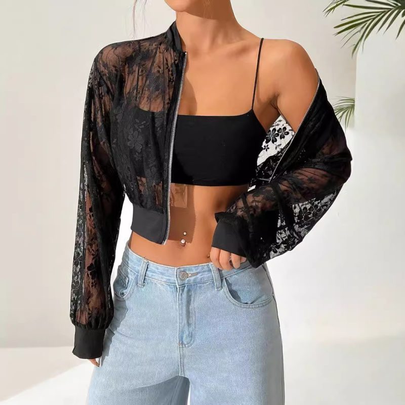 Autumn Winter Women Jacquard Lace See-Through Zip Short Jacket - Image 4