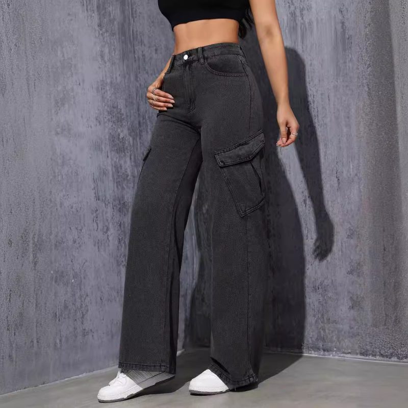 Trendy Washed Gray Black Straight Jeans for Women - Image 3