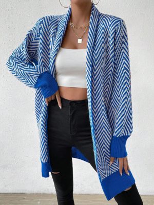 Mid-Length Striped Cardigan – Contrast Color Autumn Winter Sweater