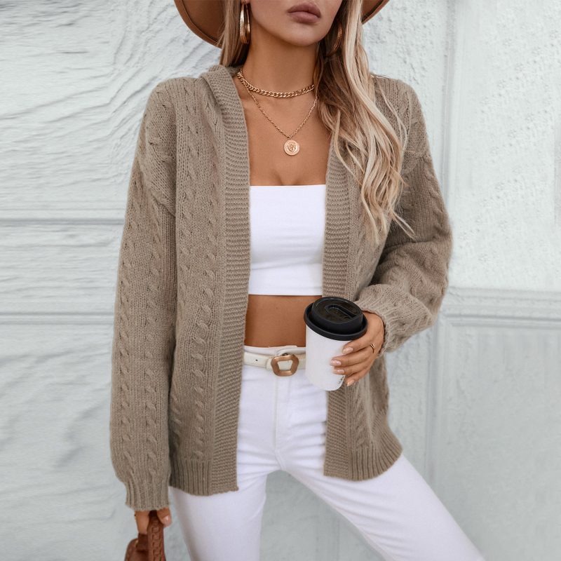 Solid Color Hooded Knit Cardigan - Retro Long Sleeve