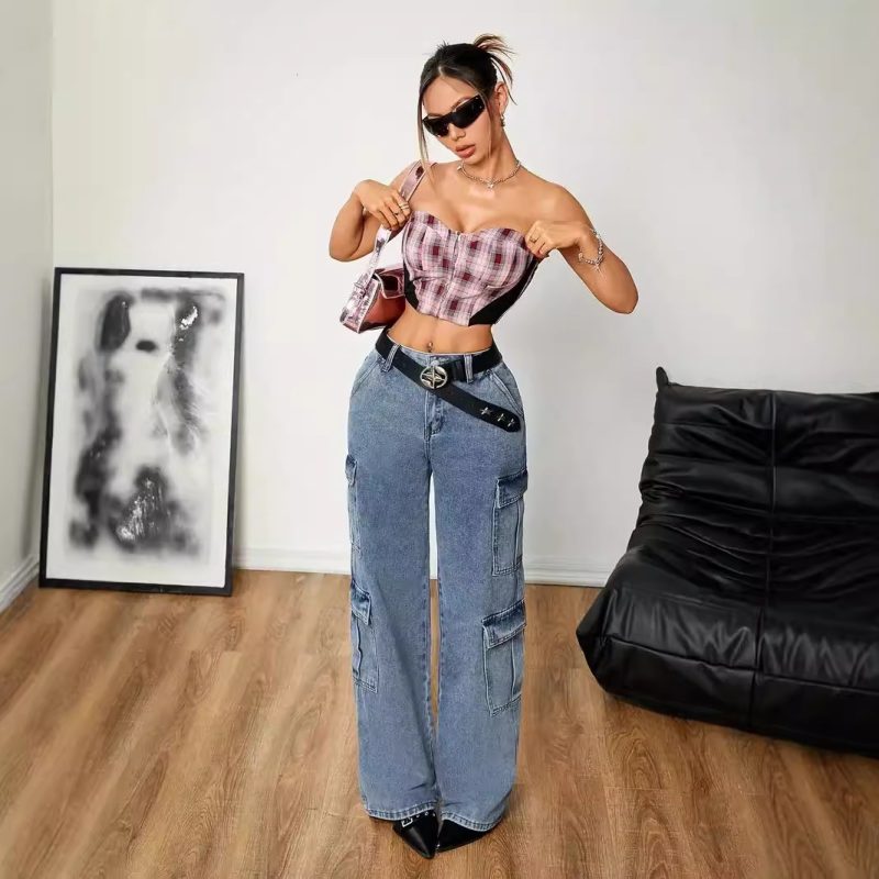Stretch Denim Trousers with Multi Pockets - No Belt - Image 2