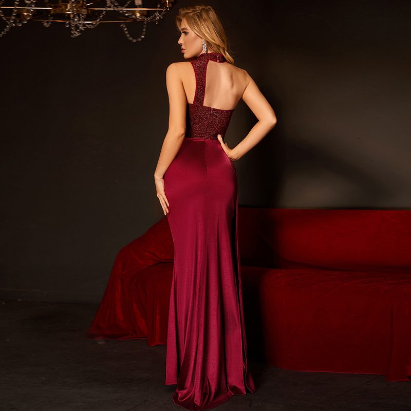 Light Luxury High Grade Burgundy Fishtail Split Single Off Shoulder Evening Dress - Image 2