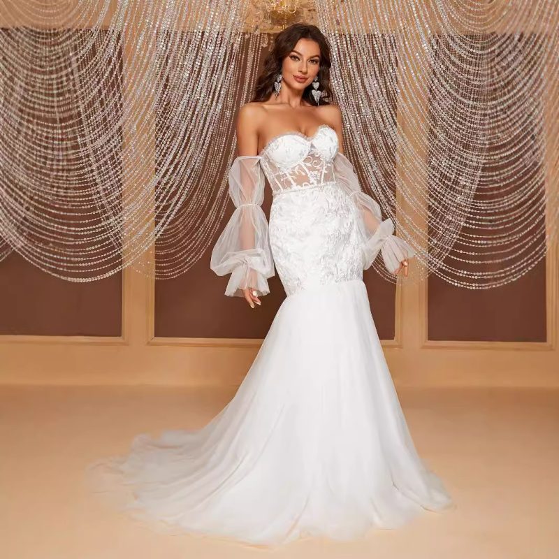 Elegant Off-Shoulder Tube Top Hollow Out Cutout Fishtail Bridal Wedding Dress - Image 2