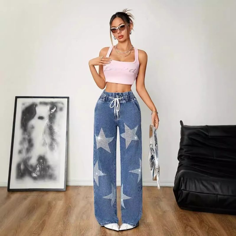 Star-Embroidered Wide-Leg Jeans - Retro High-Street Style - Image 4