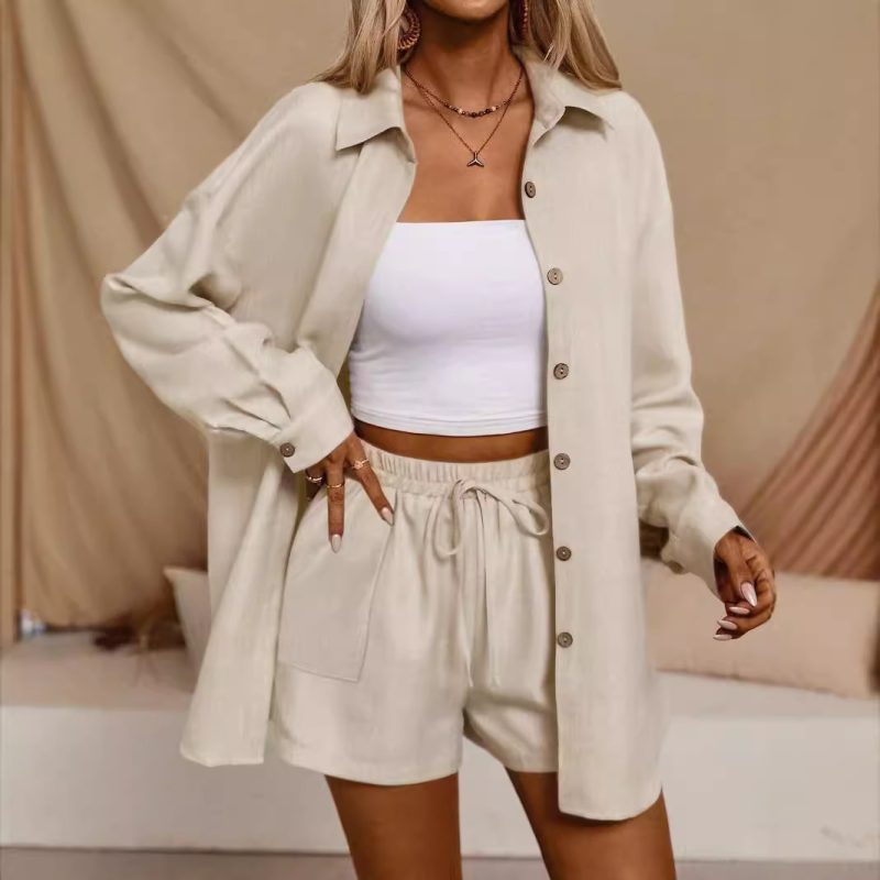 Women's Loose Collared Shirt and Elastic Waist Shorts Set - Solid Color Suit - Image 4