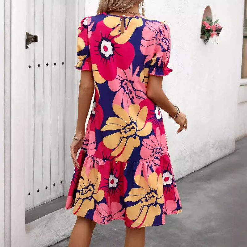 Elegant Floral Print Vacation Dress with Lantern Sleeves - Image 2
