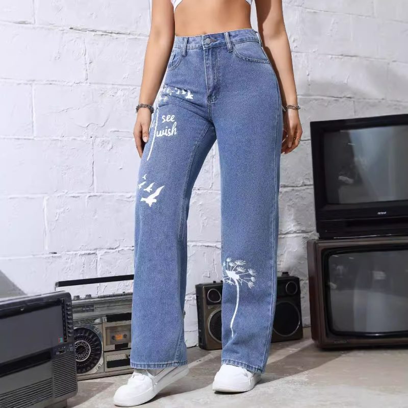 Stylish High-Waist Printed Jeans - Baggy Straight Trousers - Image 3